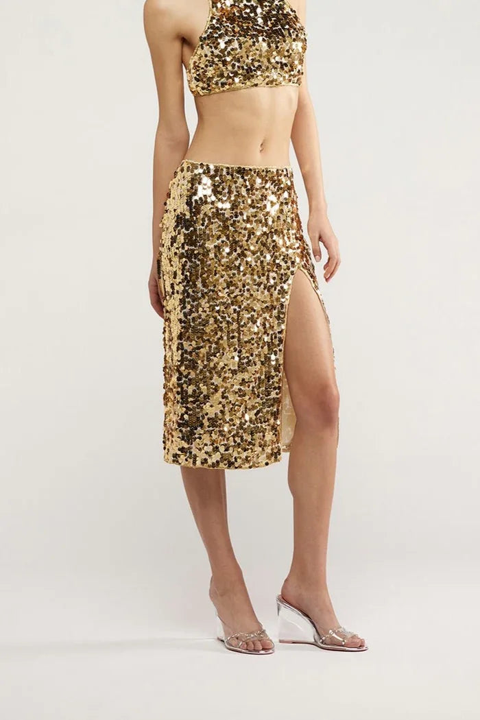 Night Sequins Midi Skirt Gold Iridescent X